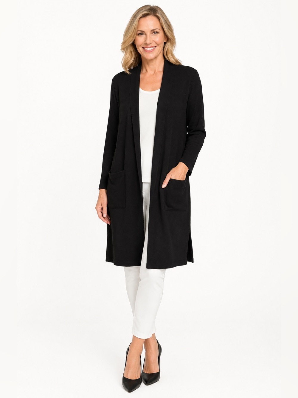 Clara Sun Woo Black Long Open Front Cardigan Size Small Made n USA Pocket Duster